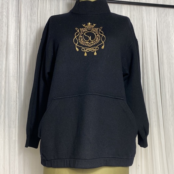 St.John by Marie Gray black mock neck, wool sweater! Gold embroidery, Size L - Picture 5 of 17